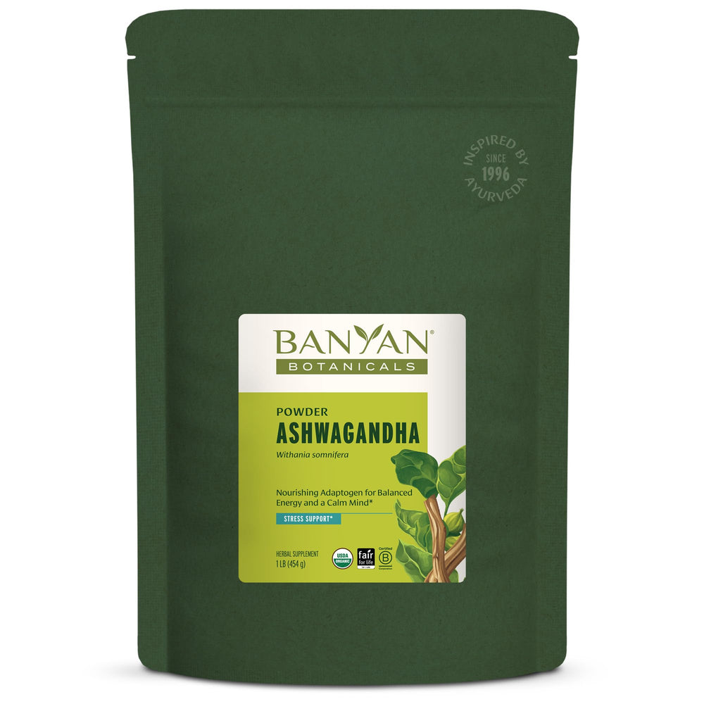Banyan Botanicals Ashwagandha powder bottle showing traditional adaptogen for daily energy