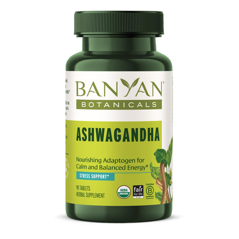 Banyan Botanicals Ashwagandha tablets bottle for easy daily energy support.