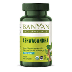 Banyan Botanicals Ashwagandha tablets bottle for easy daily energy support.