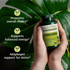 Close-up of Banyan Botanicals Ashwagandha root powder in tablets