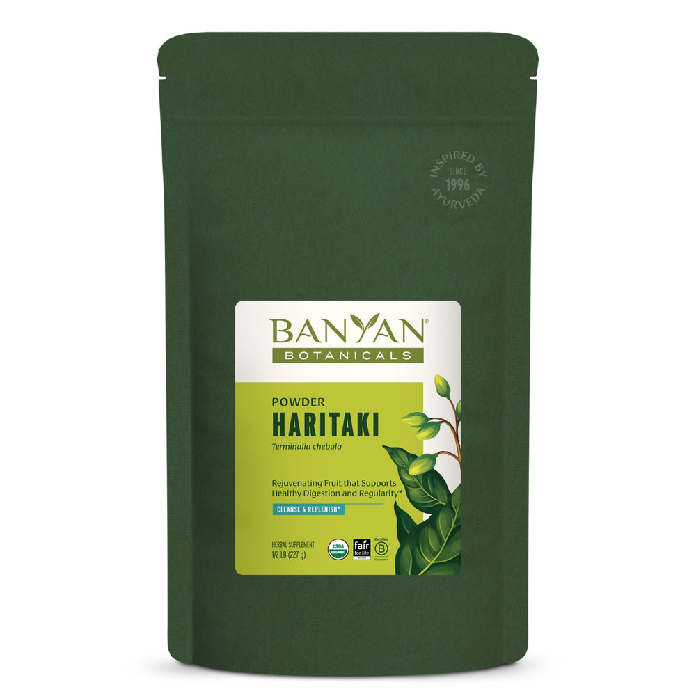 Banyan Botanicals Haritaki powder packaging, organic and sustainably sourced for gentle digestion support.