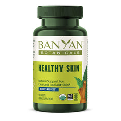 Banyan Botanicals Healthy Skin bottle and label showing vegan organic formula for radiant skin.