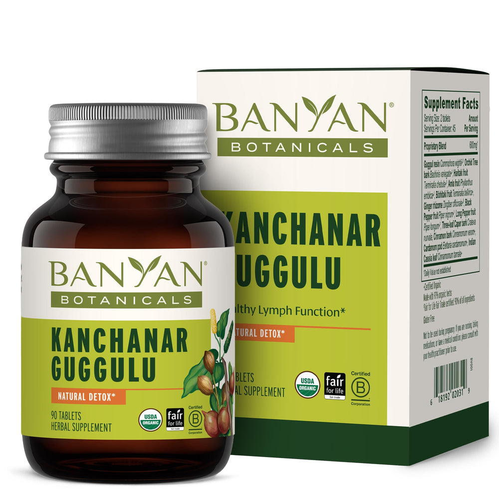 Banyan Botanicals Kanchanar Guggulu tablets on bottle front for natural lymph support