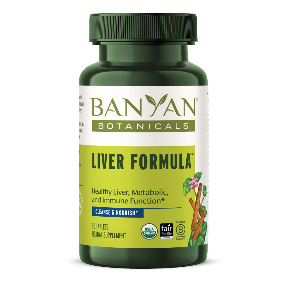 Banyan Botanicals Liver Formula tablets front label showing organic herbs.