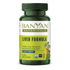 Banyan Botanicals Liver Formula tablets front label showing organic herbs.
