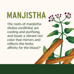 Banyan Botanicals Manjistha tablets packaging emphasizing Fair Trade and non-GMO sourcing.