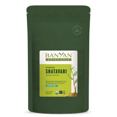 Banyan Botanicals Shatavari powder in a jar boosts daily vitality with a traditional adaptogen.