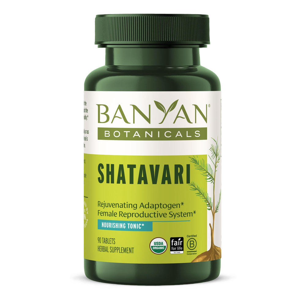 Banyan Botanicals Shatavari Tablets bottle front showing organic vegan support for vitality.