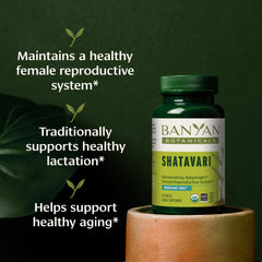 Banyan Botanicals Shatavari Tablets bottle label close-up highlighting non-GMO and sustainability.