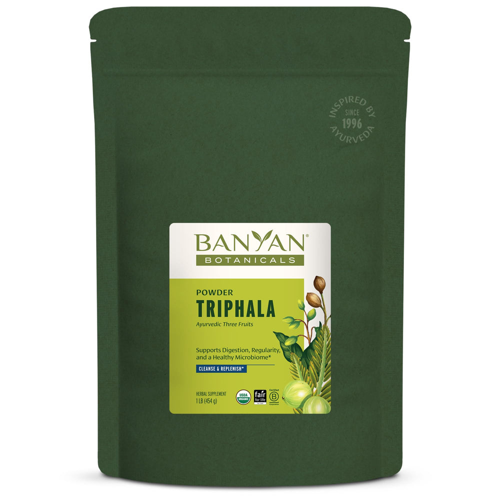 Banyan Botanicals Triphala powder bottle front for digestion support
