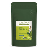 Banyan Botanicals Triphala powder bottle highlights organic blend for gentle digestion support