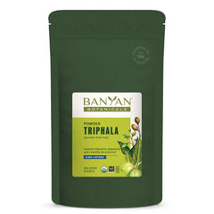 Banyan Botanicals Triphala powder bottle highlights organic blend for gentle digestion support