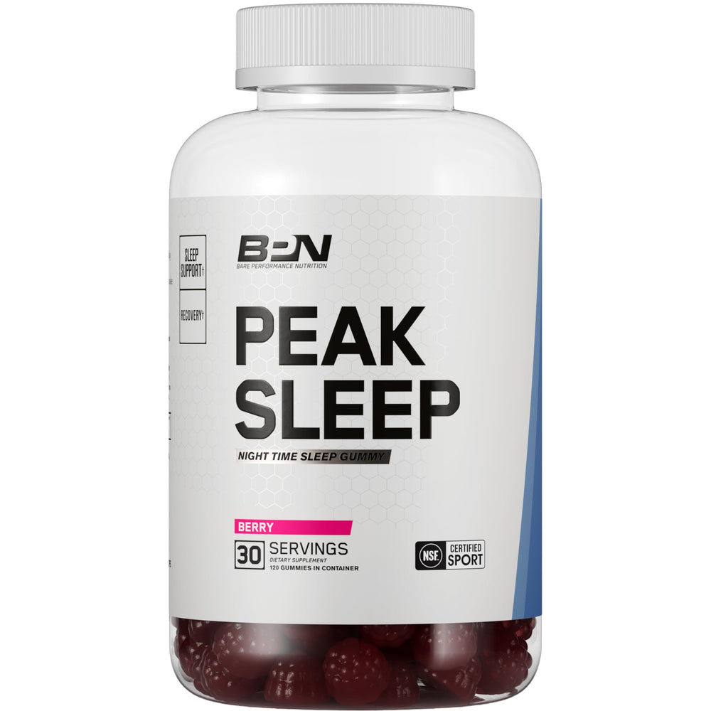 BARE PERFORMANCE NUTRITION BPN Peak Sleep Gummy bottle pour highlighting berry flavor and potential restful evenings