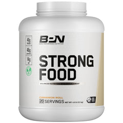 Bare Performance Nutrition Strong Food Cinnamon Roll tub with quick nutrition information on the label.