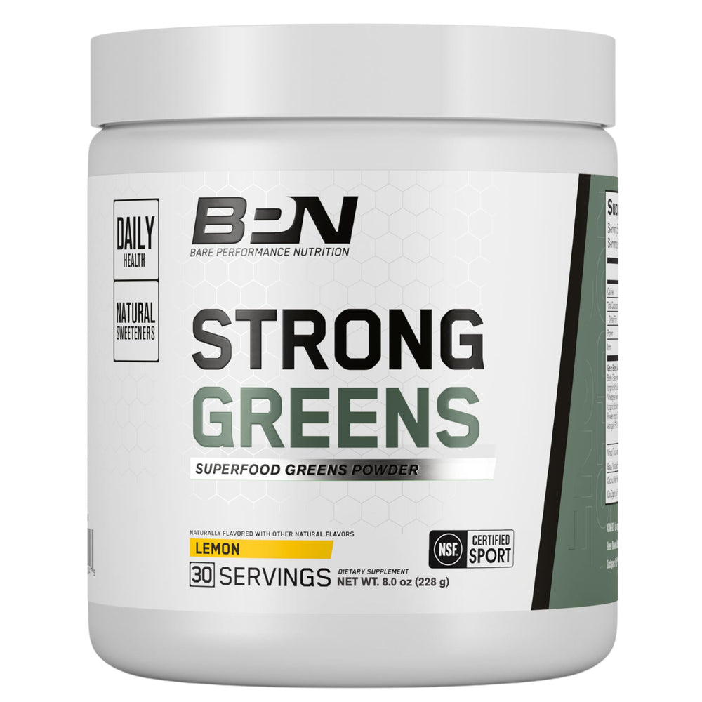 BARE PERFORMANCE NUTRITION Strong Greens lemon bottle for convenient daily energy support.