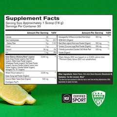 Scoop of Strong Greens beside a lemon for quick, tasty smoothies and focus.