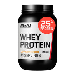 Bare Performance Nutrition whey-casein peanut butter tub highlighting 25g protein per serving