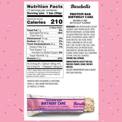 Barebells Birthday Cake bar closeup highlighting soft texture and vanilla frosting.