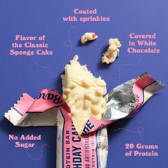 Barebells Birthday Cake bar ingredient panel shows 20g protein per bar.