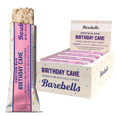 Barebells Birthday Cake bar pack shot highlights convenient 12-pack for on-the-go snacking.