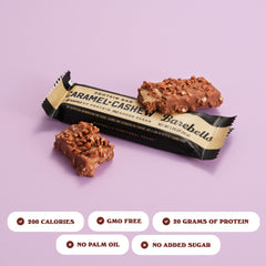 Barebells Caramel Cashew bar close-up highlights creamy texture and satisfying bite