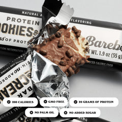 Barebells Cookies & Cream bar nutrition panel: 20g protein, no added sugar.