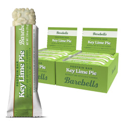 Barebells Key Lime Pie bar front view, high-protein snack for workouts.