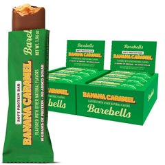 Barebells Banana Caramel Soft Protein Bar in packaging for on-the-go snacking.