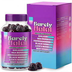 Barely Halal Ashwagandha Gummies packshot showing vegan, halal-certified adaptogen blend.