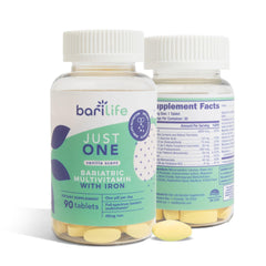 Bari Life Just One pills closeup highlighting compact daily vitamin