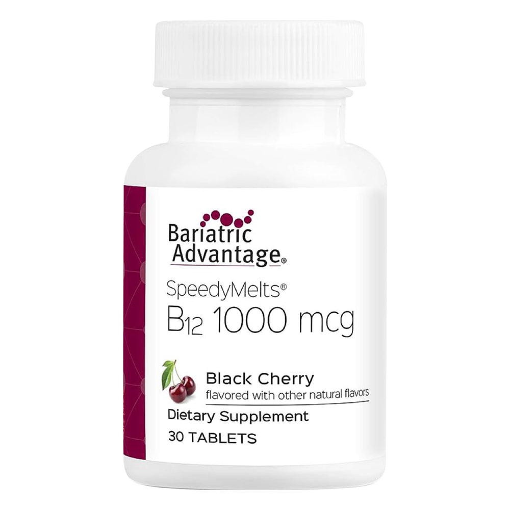 Bariatric Advantage B12 Speedy Melts bottle shown for on-the-go nutritional support.