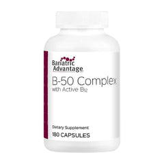 Bariatric Advantage B50 bottle front view, highlighting high-potency B vitamins for post-surgery support.