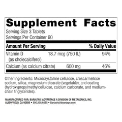 Close-up of Bariatric Advantage 600 mg calcium citrate tablets with easy-to-swallow coating