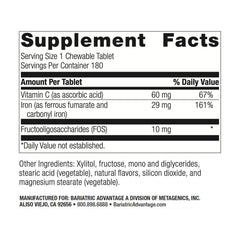 Bariatric Advantage iron bottle image highlighting no metallic taste and 180-count convenience
