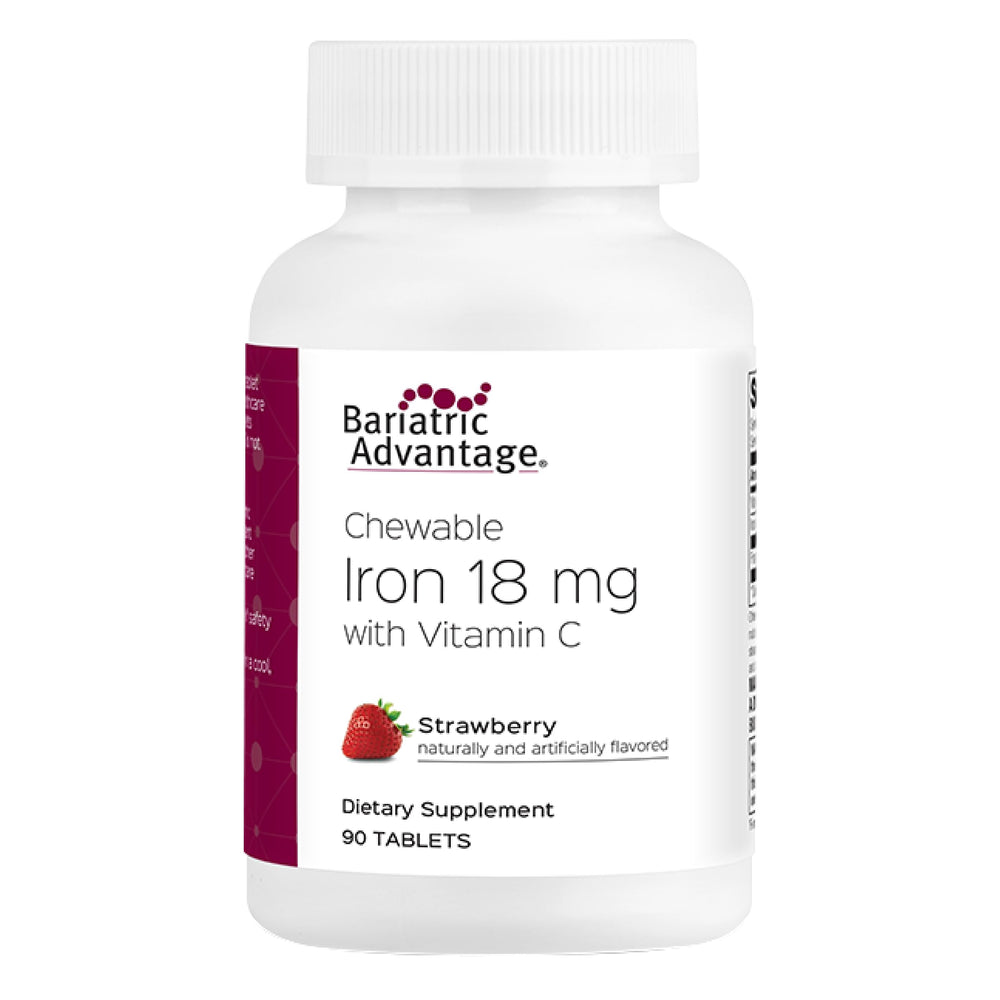 Bariatric Advantage iron 18 mg strawberry chewables in a bottle for easy post-surgery iron support.