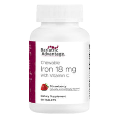 Bariatric Advantage iron 18 mg strawberry chewables in a bottle for easy post-surgery iron support.