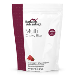 Bariatric Advantage Multi Chewy Bite packaging with strawberry watermelon flavor and 60-count bottle for daily use