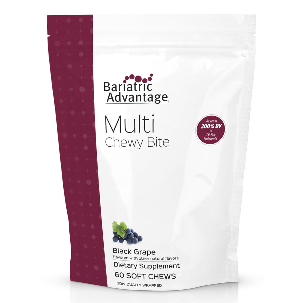 Bariatric Advantage Multi Chewy Bites bottle close-up showing convenient daily nutrition.