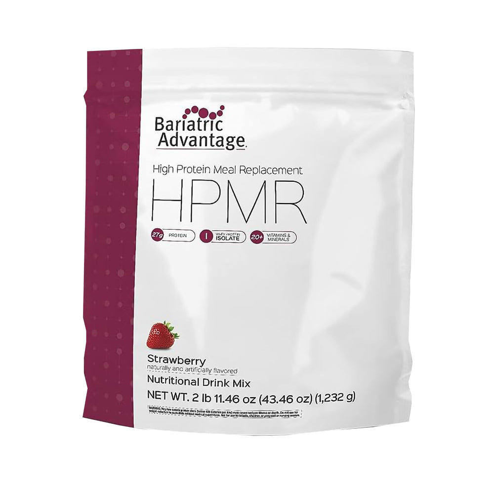 Bariatric Advantage strawberry powder scoop shows 27 g whey protein per serving for muscle support