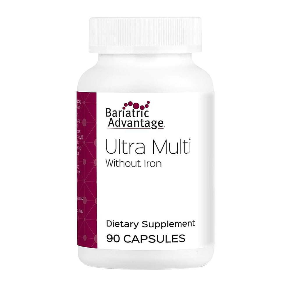 Bariatric Advantage Ultra Multi Without Iron bottle closeup for daily post-surgery nutrient support