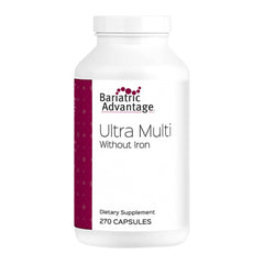 Bariatric Advantage Ultra Multi without Iron bottle closeup—high potency vitamins for bariatric patients.