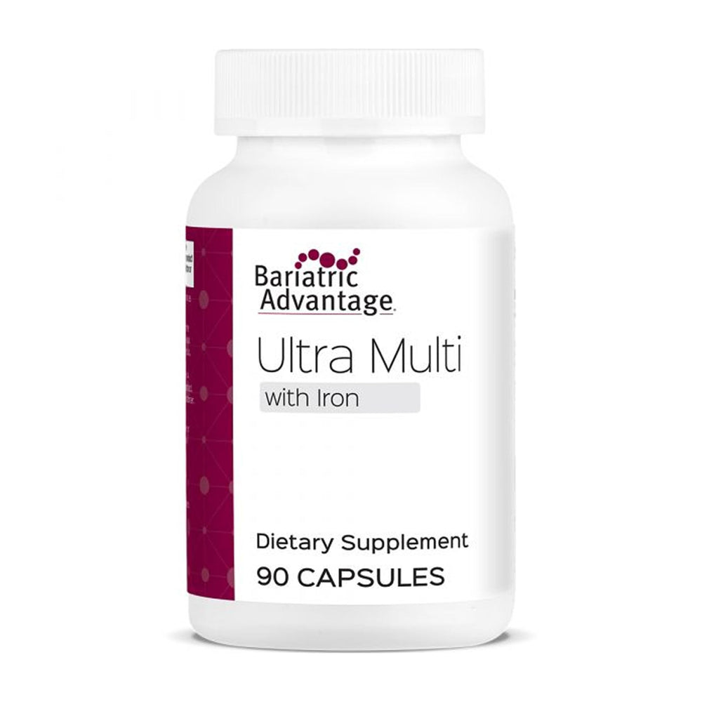 Bariatric Advantage Ultra Multivitamin with Iron bottle closeup for post-surgery nutrient support