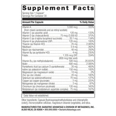 Close-up of Bariatric Advantage Ultra Solo Without Iron label highlights essential vitamins