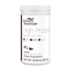 Bariatric Advantage vanilla protein powder jar showing 20 g protein per serving