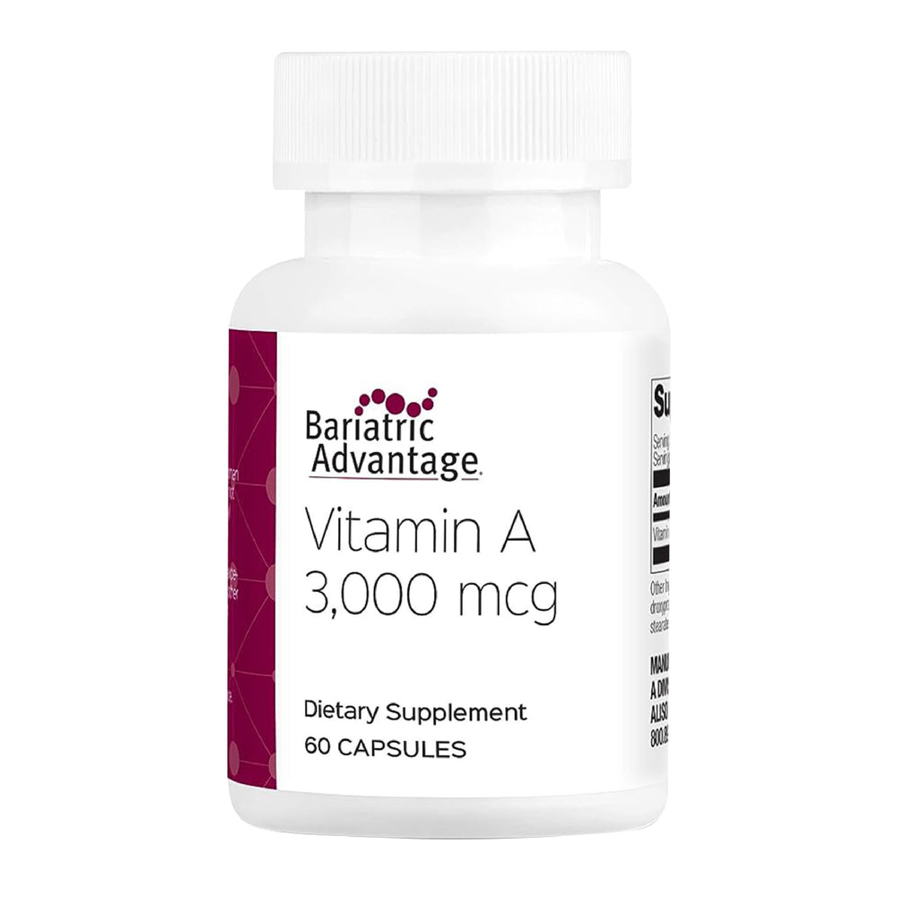 Bariatric Advantage Vitamin A 3000mcg mini capsule bottle for post-surgery nutrition.