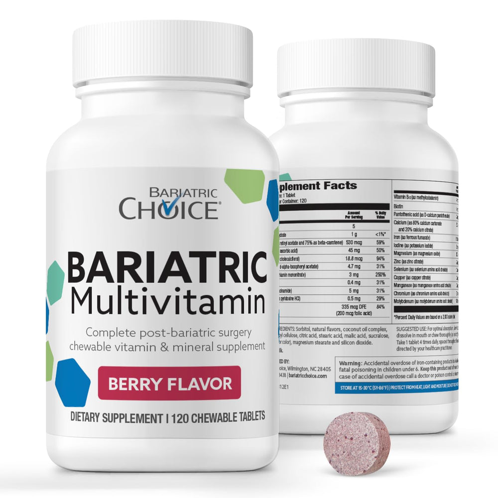 Bariatric Choice berry bottle showing berry-flavored chewables for easy daily supplementation