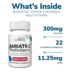 Close-up of Bariatric Choice chewable tablets in berry flavor for convenient daily use