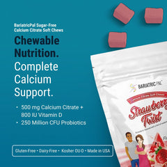 BariatricPal Sugar-Free Calcium Citrate Soft Chews bottle back label, nutrition and benefits.