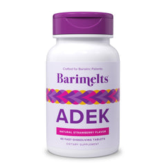 Barimelts ADEK bottle front view showing convenient, sugar-free vitamins for post-bariatric care