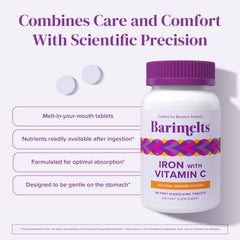 Barimelts Iron vitamin C label, supports iron absorption and immune health.